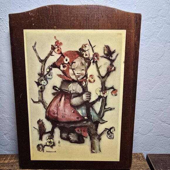 Vintage Set MCM Hummel Wall Plaques Boy & Girl On Trees Wooden Backing Rustic - Picture 5 of 12